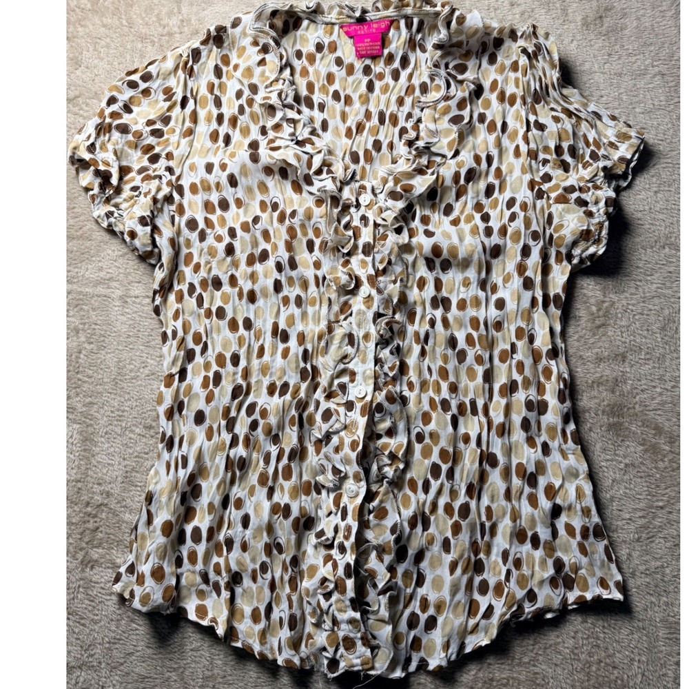 Sunny Leigh  Brown Polka Dot Ruffle Pleated  Top PP Office Siren Feminine
